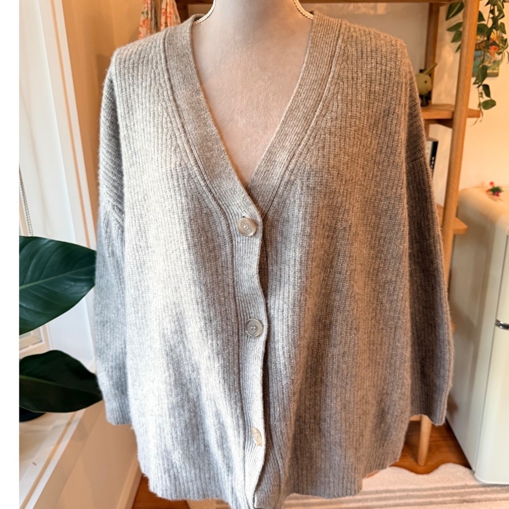 Jenni Kayne Cardigan Womens L Grey 100% Cashmere Ribbed V-Neck Oversized Boxy